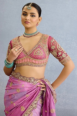 Pink Butterfly Net Dabka Embroidered Blouse by TORANI
