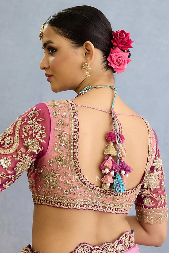 Pink Butterfly Net Dabka Embroidered Blouse by TORANI at Pernia's Pop Up Shop