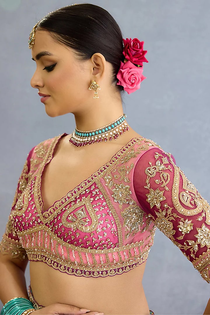 Pink Butterfly Net Dabka Embroidered Blouse by TORANI at Pernia's Pop Up Shop