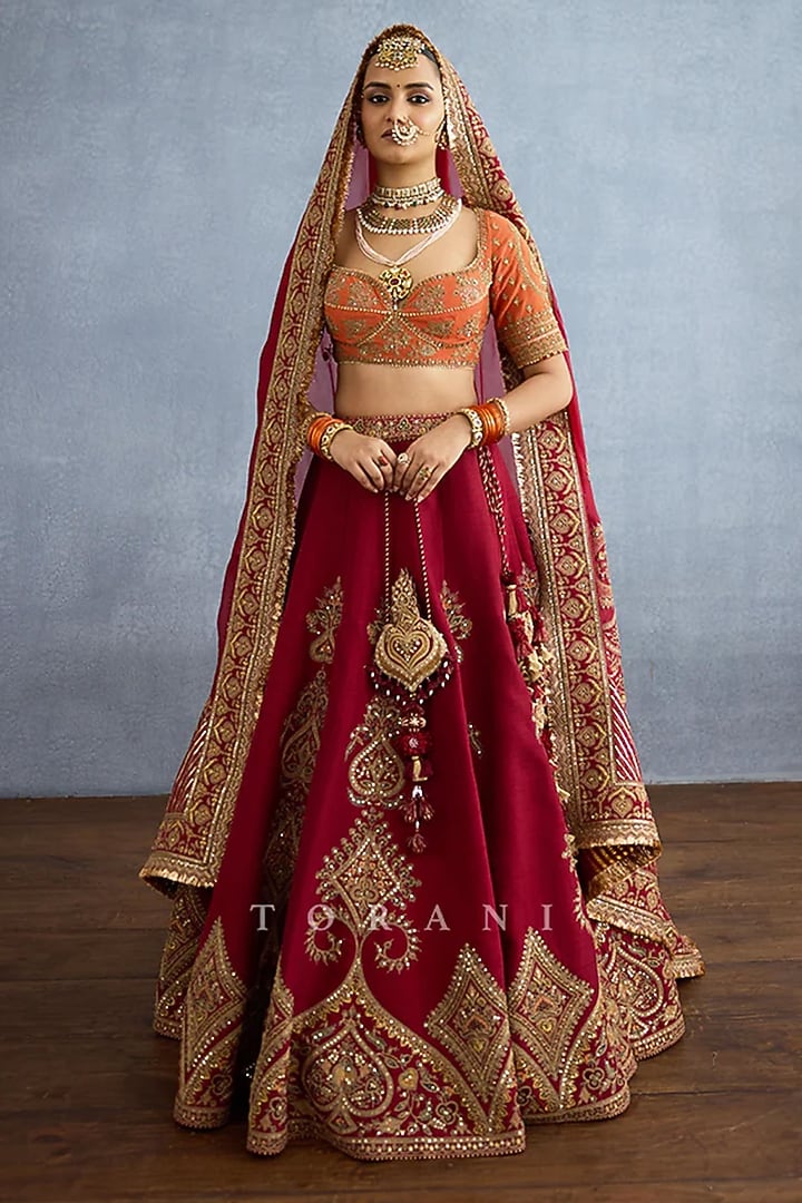 Red Jeni Silk Dabka & Zardosi Embroidered Bridal Lehenga Set by TORANI at Pernia's Pop Up Shop