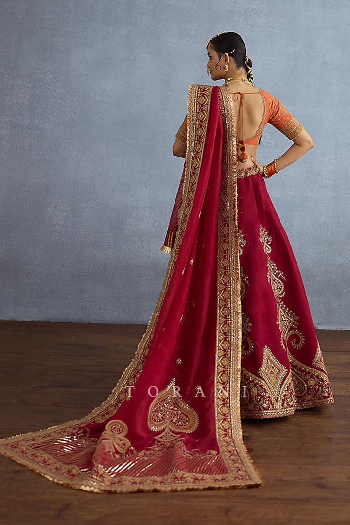 Red Jeni Silk Dabka & Zardosi Embroidered Bridal Lehenga Set by TORANI at Pernia's Pop Up Shop
