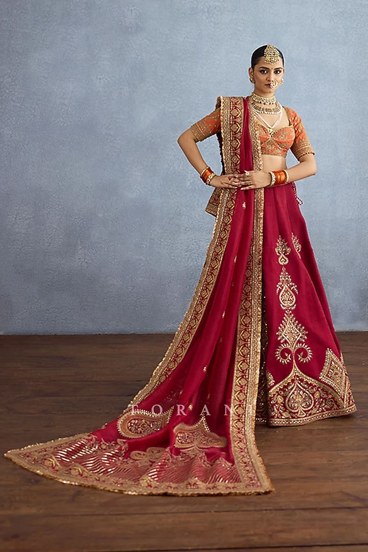 Red Jeni Silk Dabka & Zardosi Embroidered Bridal Lehenga Set by TORANI at Pernia's Pop Up Shop