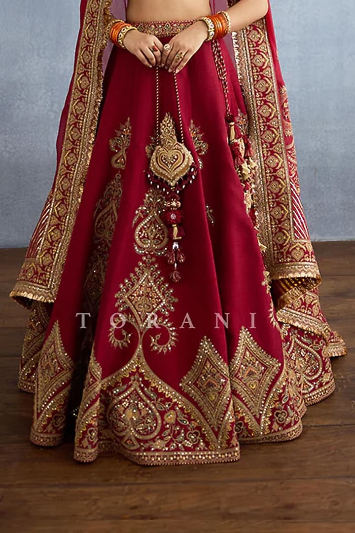 Red Jeni Silk Dabka & Zardosi Embroidered Bridal Lehenga Set by TORANI at Pernia's Pop Up Shop