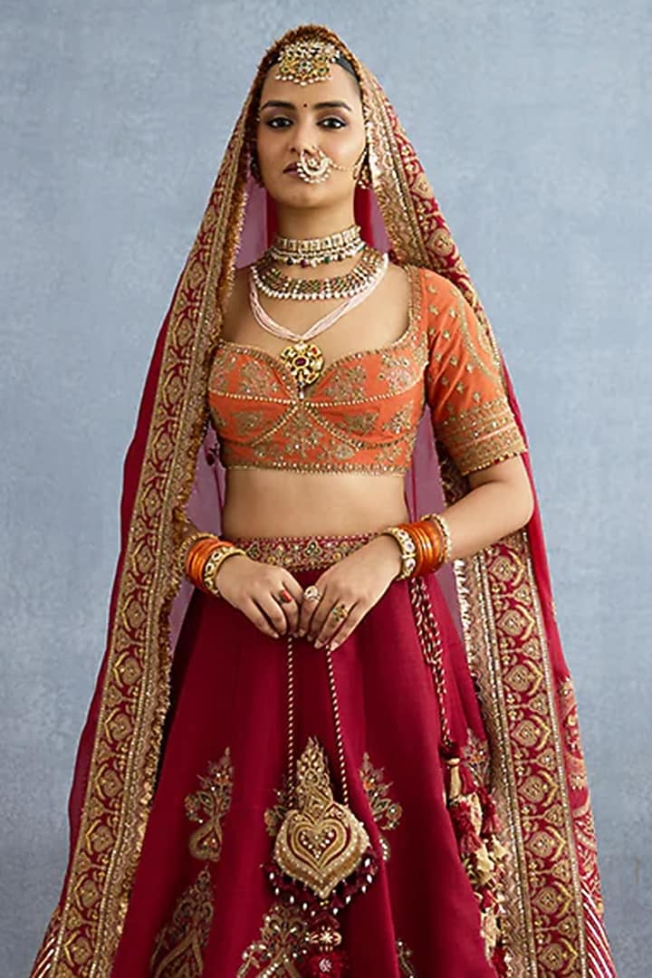 Red Jeni Silk Dabka & Zardosi Embroidered Bridal Lehenga Set by TORANI at Pernia's Pop Up Shop