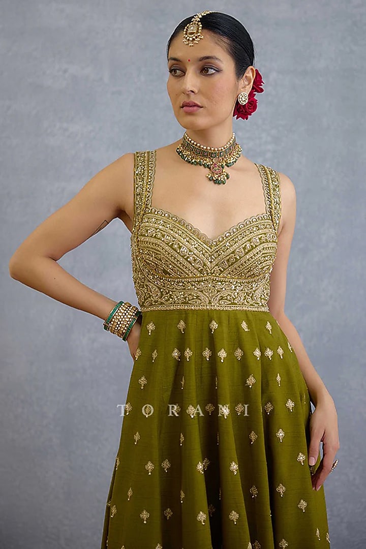 Green Organza Embroidered Bridal Anarkali Set by TORANI at Pernia's Pop Up Shop