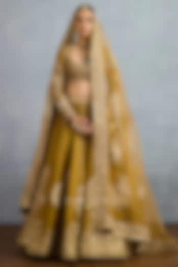 Yellow Ochre Tissue Zari Embroidered Bridal Lehenga Set by TORANI at Pernia's Pop Up Shop