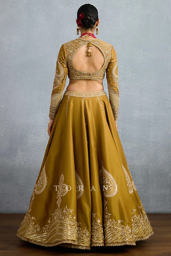 Yellow Ochre Tissue Zari Embroidered Bridal Lehenga Set by TORANI at Pernia's Pop Up Shop