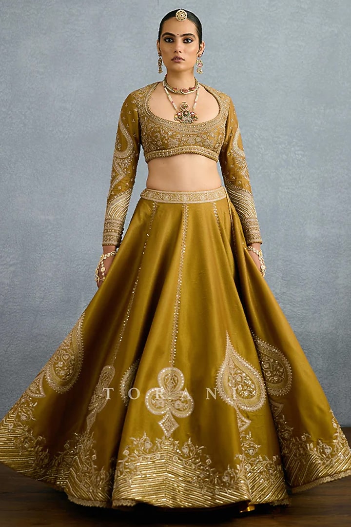 Yellow Ochre Tissue Zari Embroidered Bridal Lehenga Set by TORANI at Pernia's Pop Up Shop