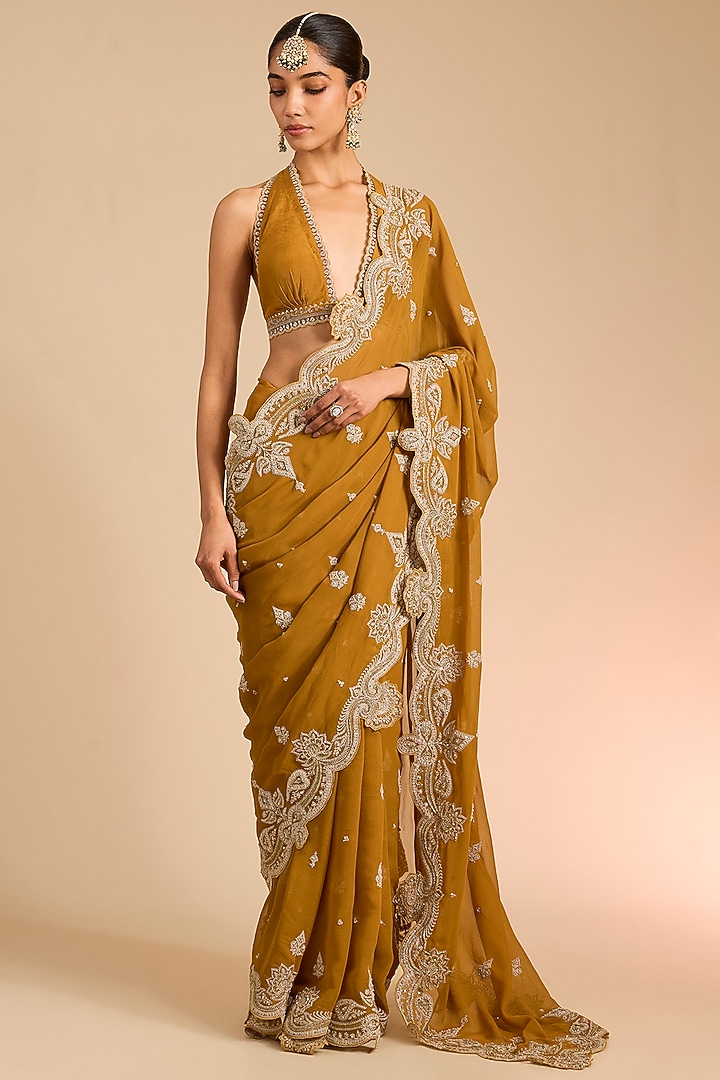 Ochre Georgette Reception Saree by Torani at Pernia's Pop Up Shop