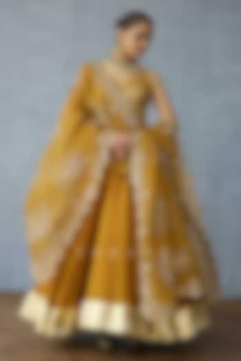 Yellow Ochre Jeni Silk & Organza Zari Embroidered Bridal Anarkali Set by TORANI at Pernia's Pop Up Shop
