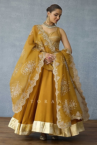 Yellow Ochre Jeni Silk & Organza Zari Embroidered Anarkali Set by TORANI