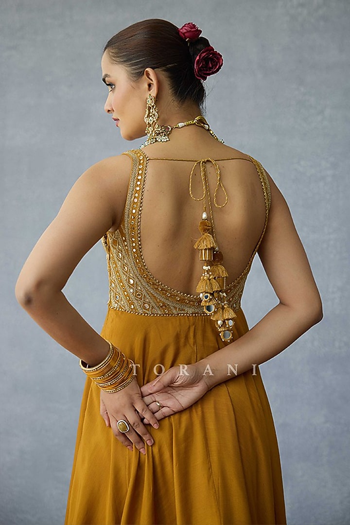 Yellow Ochre Jeni Silk & Organza Zari Embroidered Bridal Anarkali Set by TORANI at Pernia's Pop Up Shop