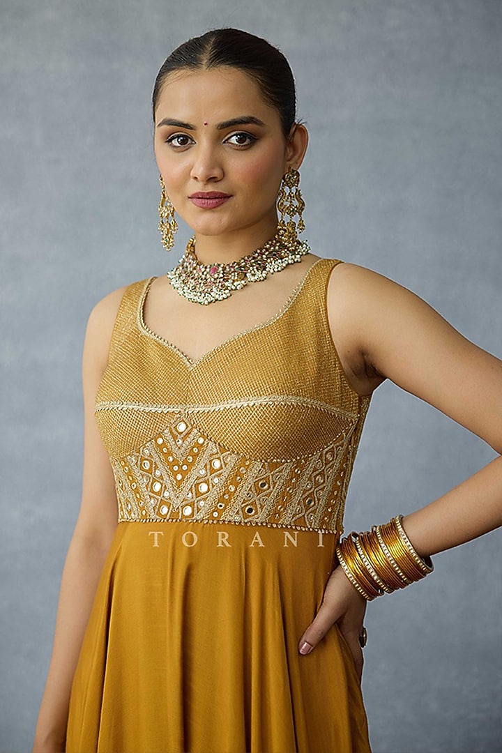 Yellow Ochre Jeni Silk & Organza Zari Embroidered Bridal Anarkali Set by TORANI at Pernia's Pop Up Shop