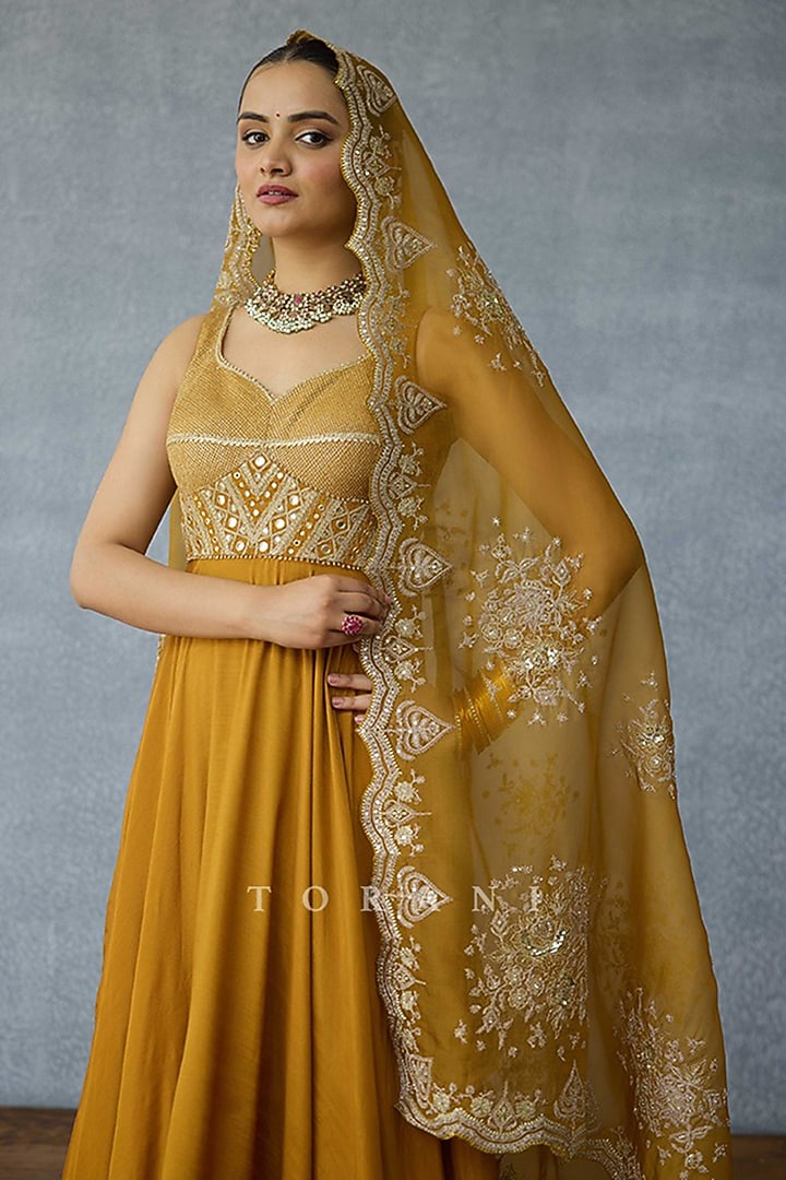 Yellow Ochre Jeni Silk & Organza Zari Embroidered Bridal Anarkali Set by TORANI at Pernia's Pop Up Shop