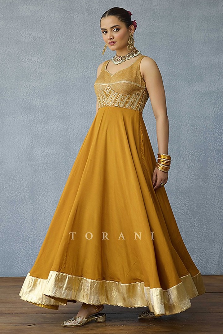 Yellow Ochre Jeni Silk & Organza Zari Embroidered Bridal Anarkali Set by TORANI at Pernia's Pop Up Shop