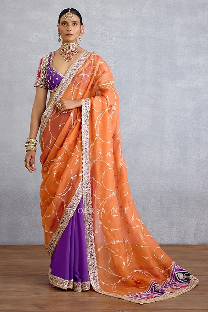 Orange & Purple Organza Jaal Embroidered Bridal Saree by TORANI at Pernia's Pop Up Shop