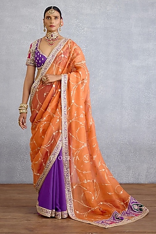 Orange & Purple Organza Jaal Embroidered Saree by TORANI