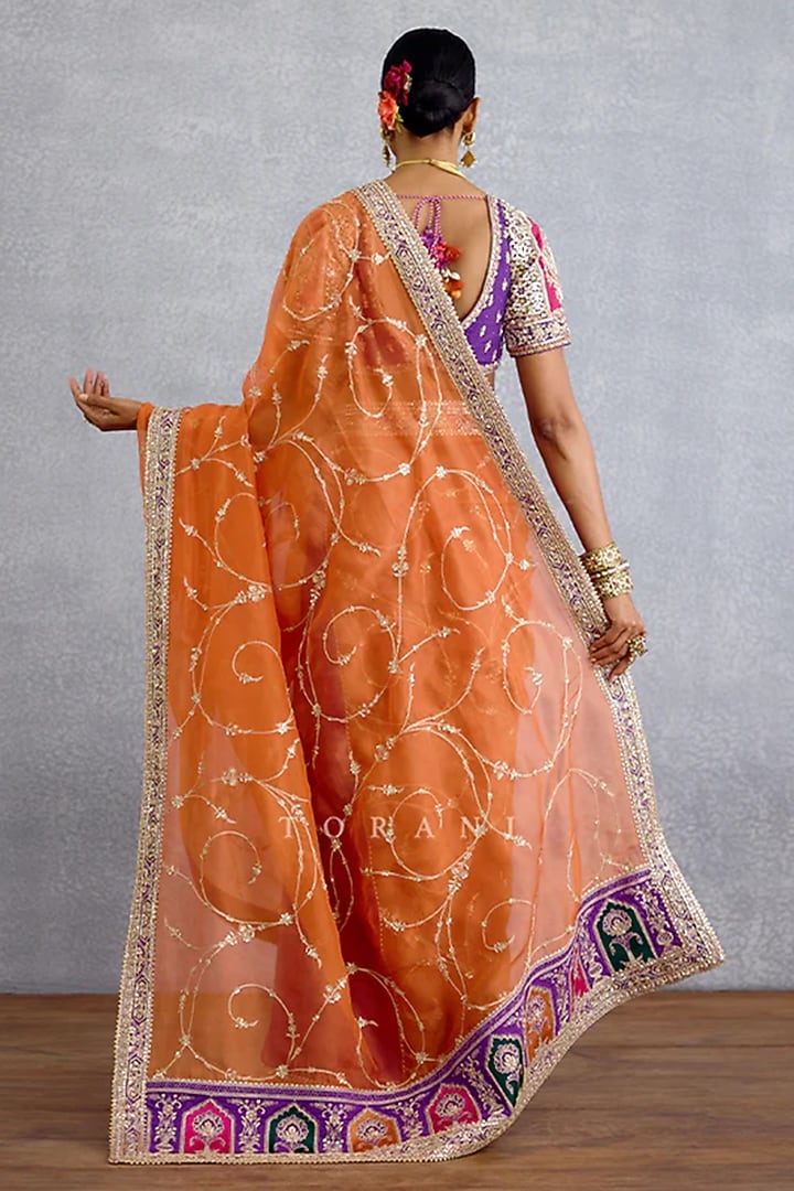 Orange & Purple Organza Jaal Embroidered Bridal Saree by TORANI at Pernia's Pop Up Shop