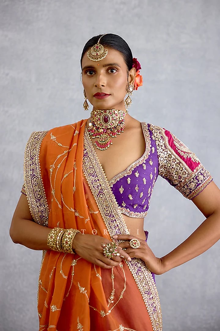 Orange & Purple Organza Jaal Embroidered Bridal Saree by TORANI at Pernia's Pop Up Shop