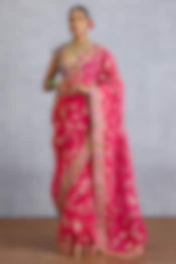 Hot Pink Organza Jaal Embroidered Reception Saree by TORANI at Pernia's Pop Up Shop