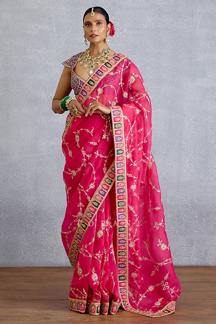 Hot Pink Organza Jaal Embroidered Reception Saree by TORANI at Pernia's Pop Up Shop