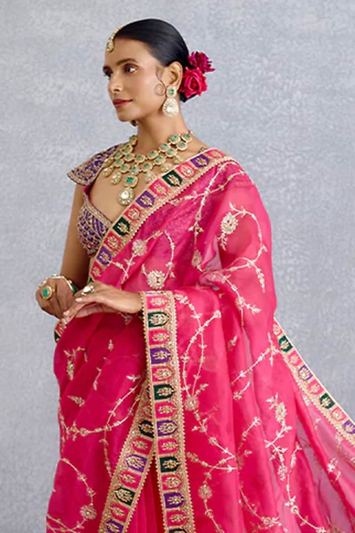 Hot Pink Organza Jaal Embroidered Reception Saree by TORANI at Pernia's Pop Up Shop