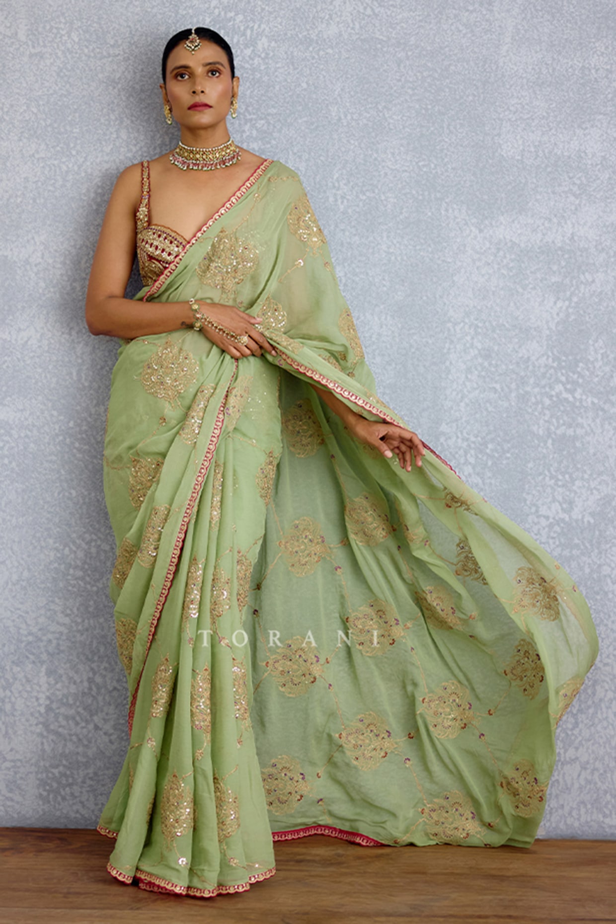 TORANI Pistachio Green Georgette Jaal Embroidered Saree