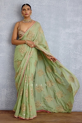 Pistachio Green Georgette Jaal Embroidered Saree by TORANI