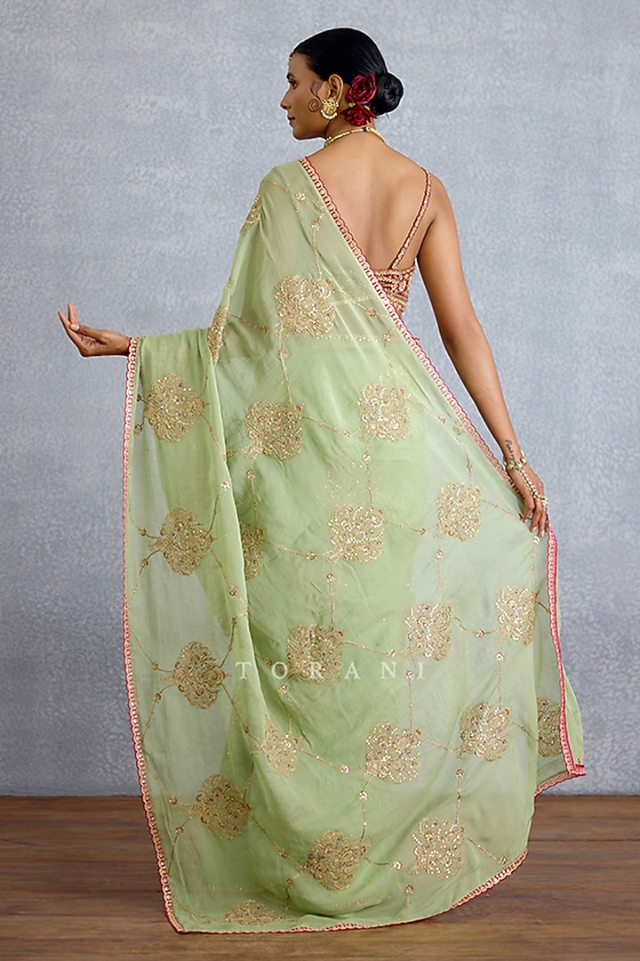 Pistachio Green Georgette Jaal Embroidered Wedding Saree by TORANI at Pernia's Pop Up Shop