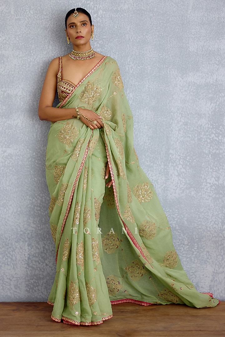 Pistachio Green Georgette Jaal Embroidered Wedding Saree by TORANI at Pernia's Pop Up Shop