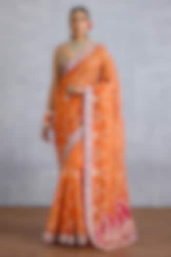 Bright Orange Pure Organza & Jeni Silk Jaal Embroidered Reception Saree by TORANI at Pernia's Pop Up Shop