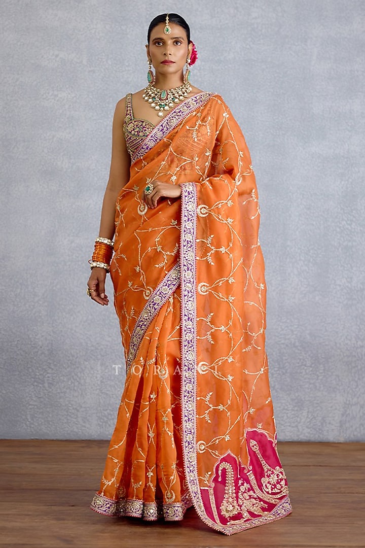 Bright Orange Pure Organza & Jeni Silk Jaal Embroidered Reception Saree by TORANI at Pernia's Pop Up Shop
