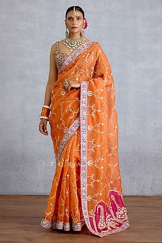 Bright Orange Pure Organza & Jeni Silk Jaal Embroidered Saree by TORANI