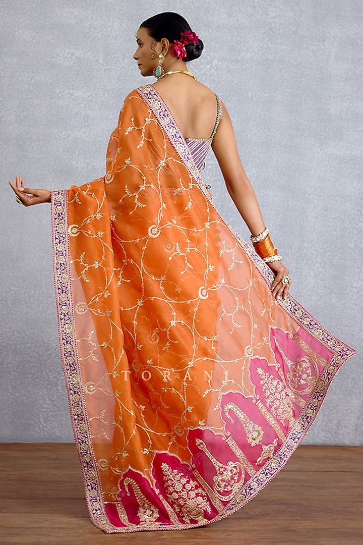 Bright Orange Pure Organza & Jeni Silk Jaal Embroidered Reception Saree by TORANI at Pernia's Pop Up Shop