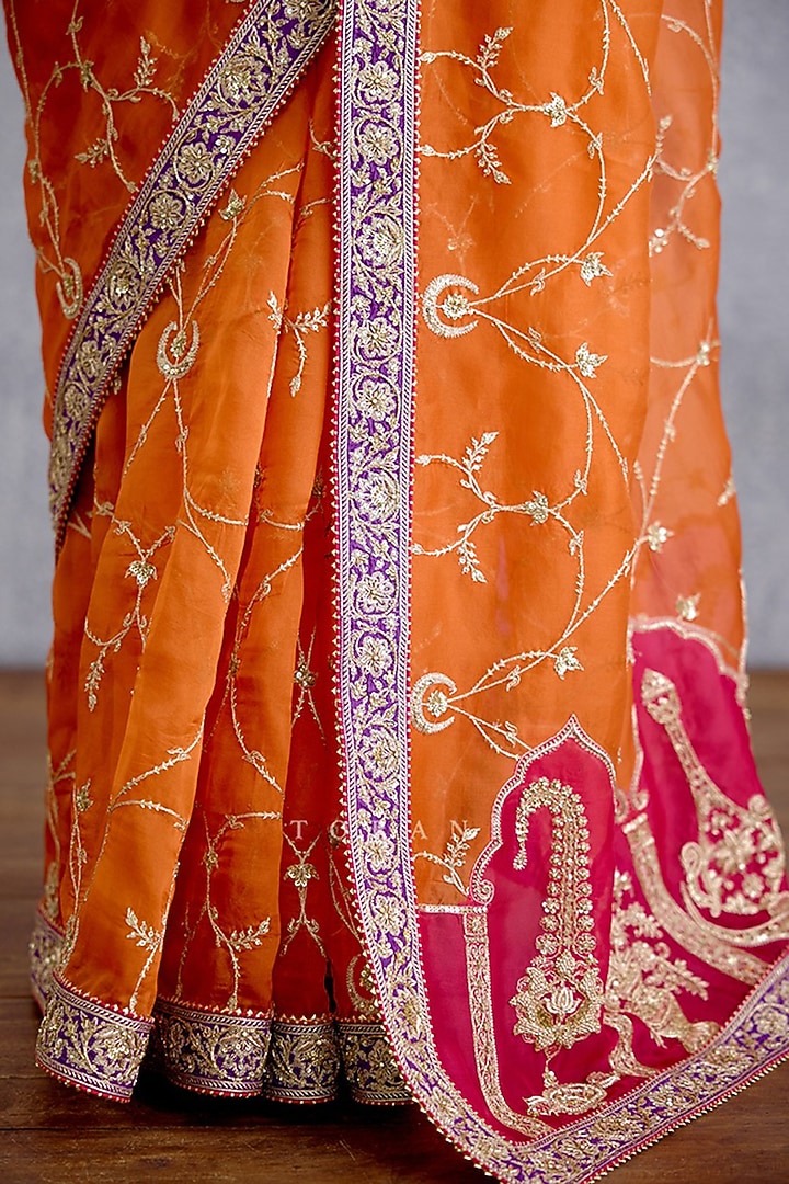 Bright Orange Pure Organza & Jeni Silk Jaal Embroidered Reception Saree by TORANI at Pernia's Pop Up Shop