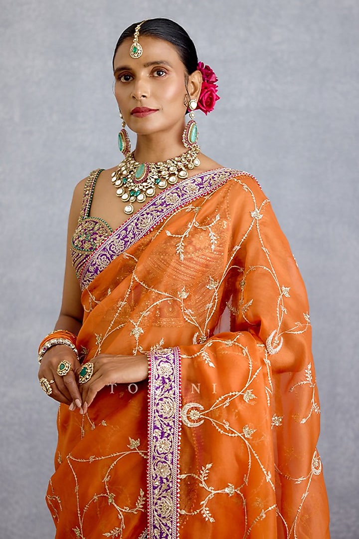 Bright Orange Pure Organza & Jeni Silk Jaal Embroidered Reception Saree by TORANI at Pernia's Pop Up Shop