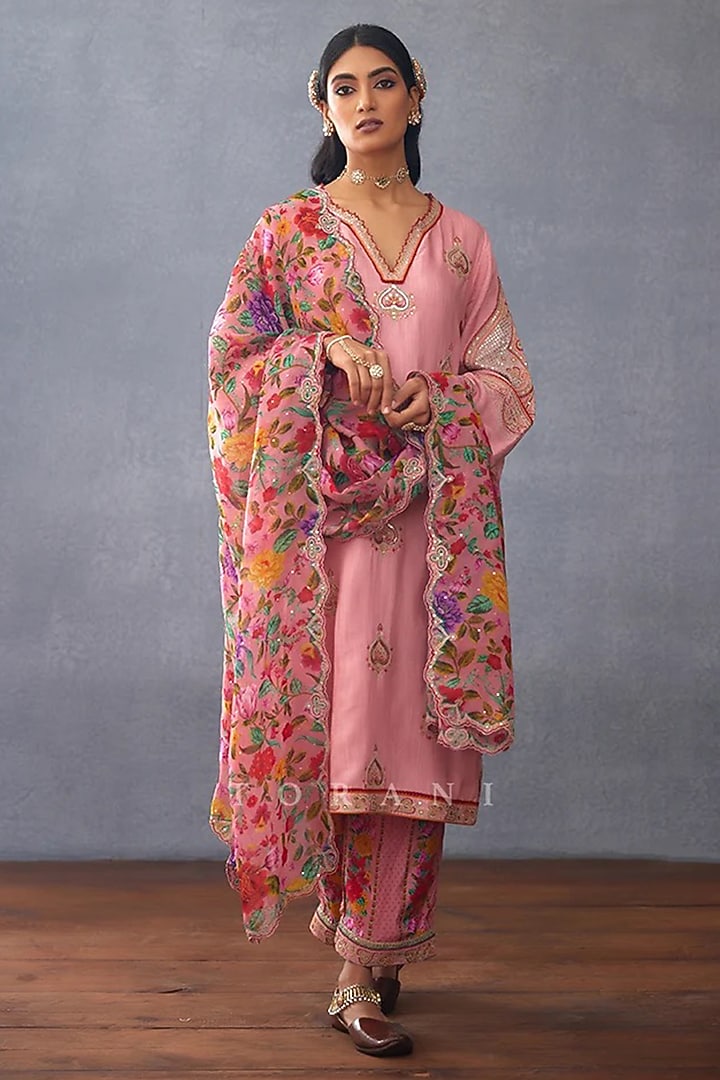 Pink Slub Silk Printed & Embroidered Kurta Set by TORANI at Pernia's Pop Up Shop