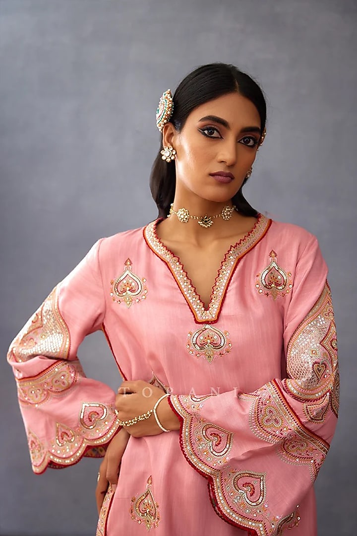 Pink Slub Silk Printed & Embroidered Kurta Set by TORANI at Pernia's Pop Up Shop