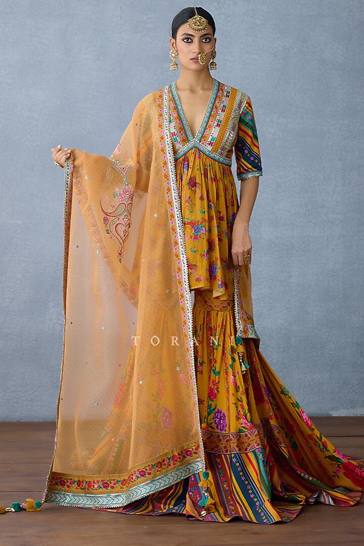 Yellow Slub Silk Digital Printed Bridal Sharara Set by TORANI at Pernia's Pop Up Shop