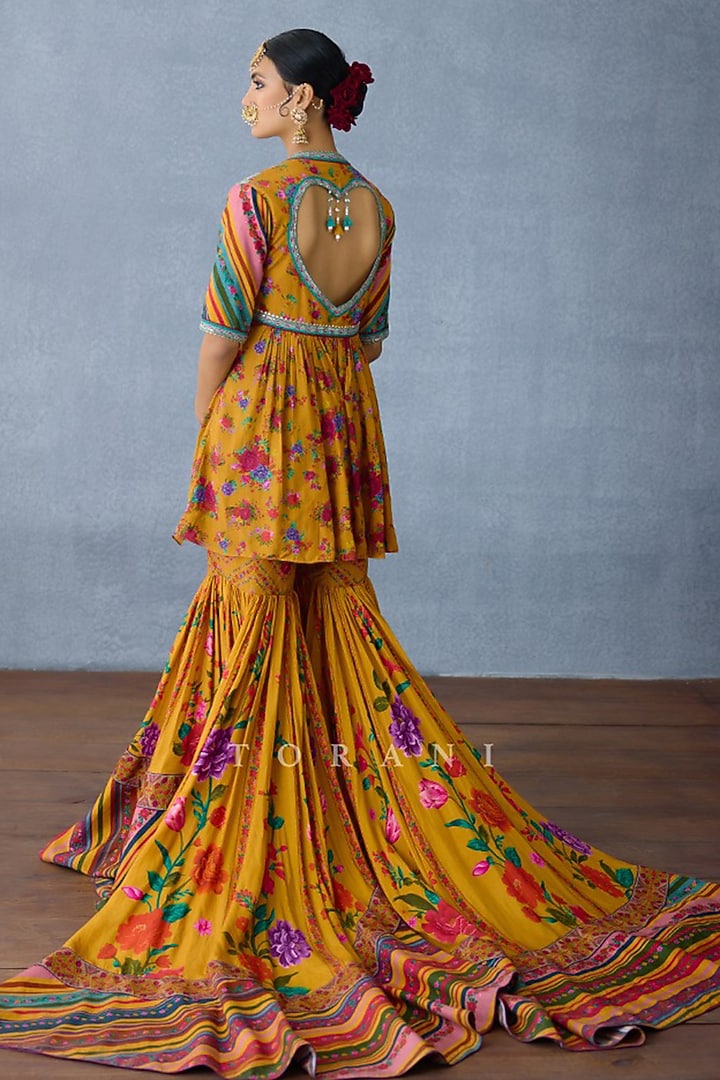 Yellow Slub Silk Digital Printed Bridal Sharara Set by TORANI at Pernia's Pop Up Shop