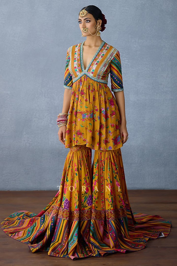 Yellow Slub Silk Digital Printed Bridal Sharara Set by TORANI at Pernia's Pop Up Shop