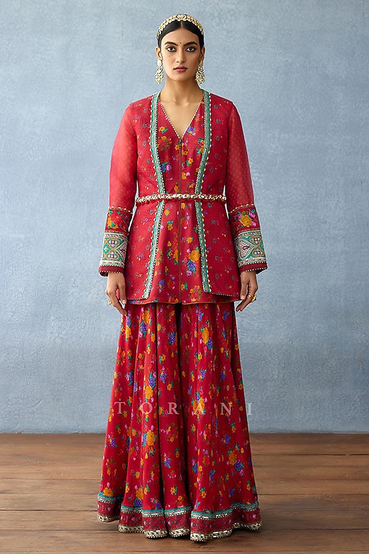 Red Muslin Silk Digital Printed Wedding Sharara Set by TORANI at Pernia's Pop Up Shop