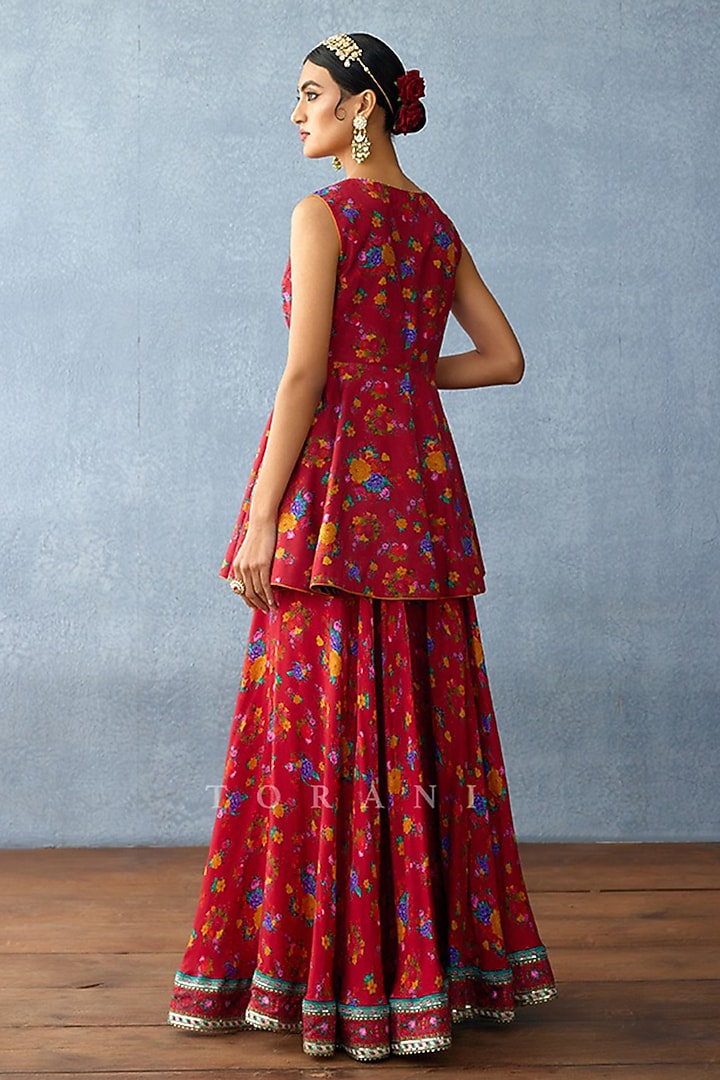 Red Muslin Silk Digital Printed Wedding Sharara Set by TORANI at Pernia's Pop Up Shop