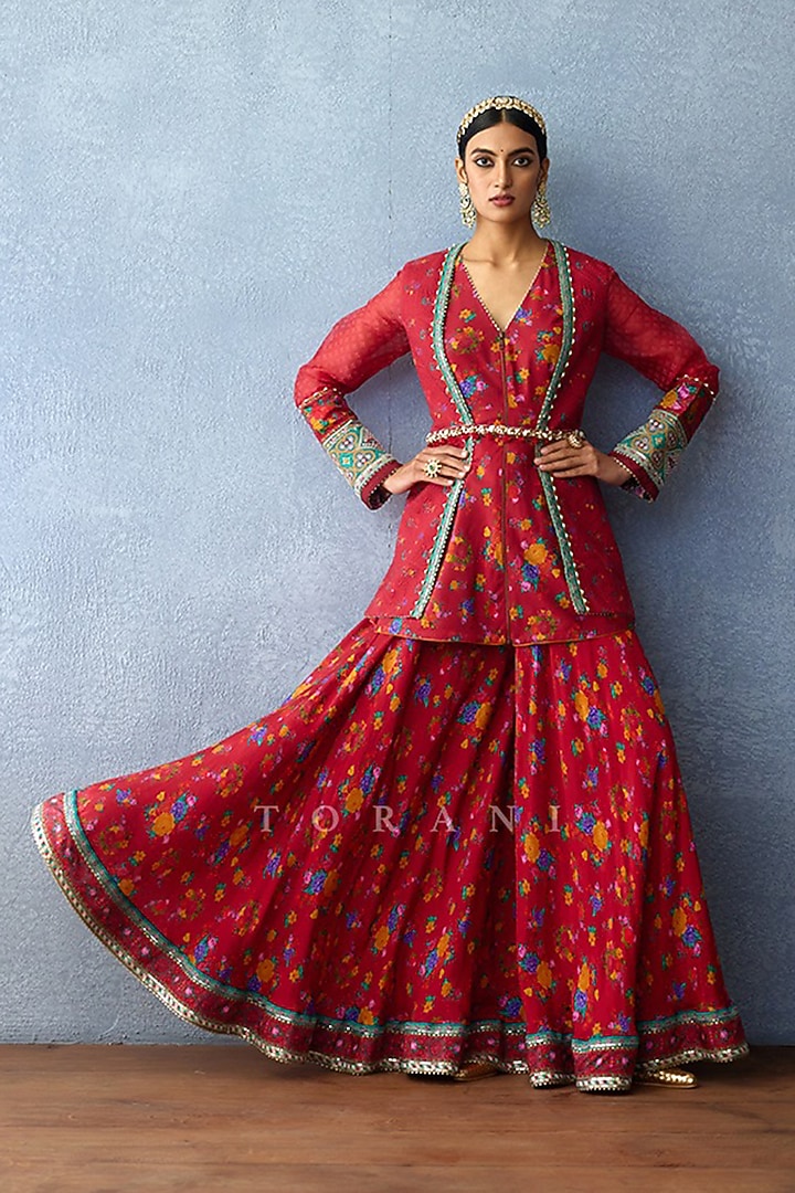 Red Muslin Silk Digital Printed Wedding Sharara Set by TORANI at Pernia's Pop Up Shop