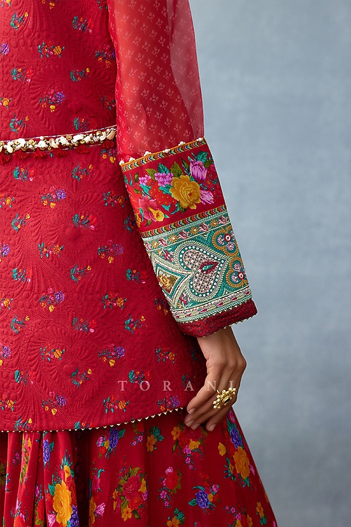 Red Muslin Silk Digital Printed Wedding Sharara Set by TORANI at Pernia's Pop Up Shop