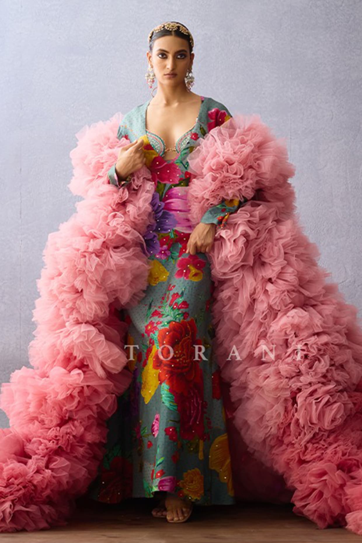 TORANI Multi-Colored Slub Silk Floral Printed Maxi Dress With Cape