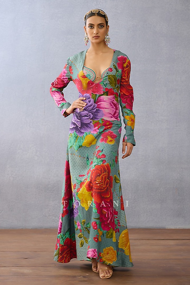 Multi-Colored Slub Silk Floral Printed Maxi Party Wear Dress With Cape by TORANI at Pernia's Pop Up Shop