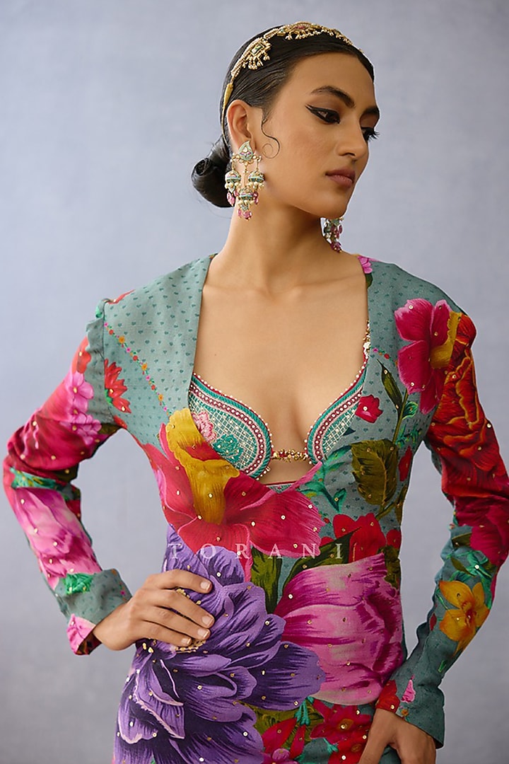 Multi-Colored Slub Silk Floral Printed Maxi Party Wear Dress With Cape by TORANI at Pernia's Pop Up Shop