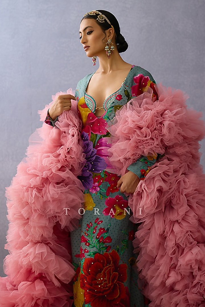 Multi-Colored Slub Silk Floral Printed Maxi Party Wear Dress With Cape by TORANI at Pernia's Pop Up Shop