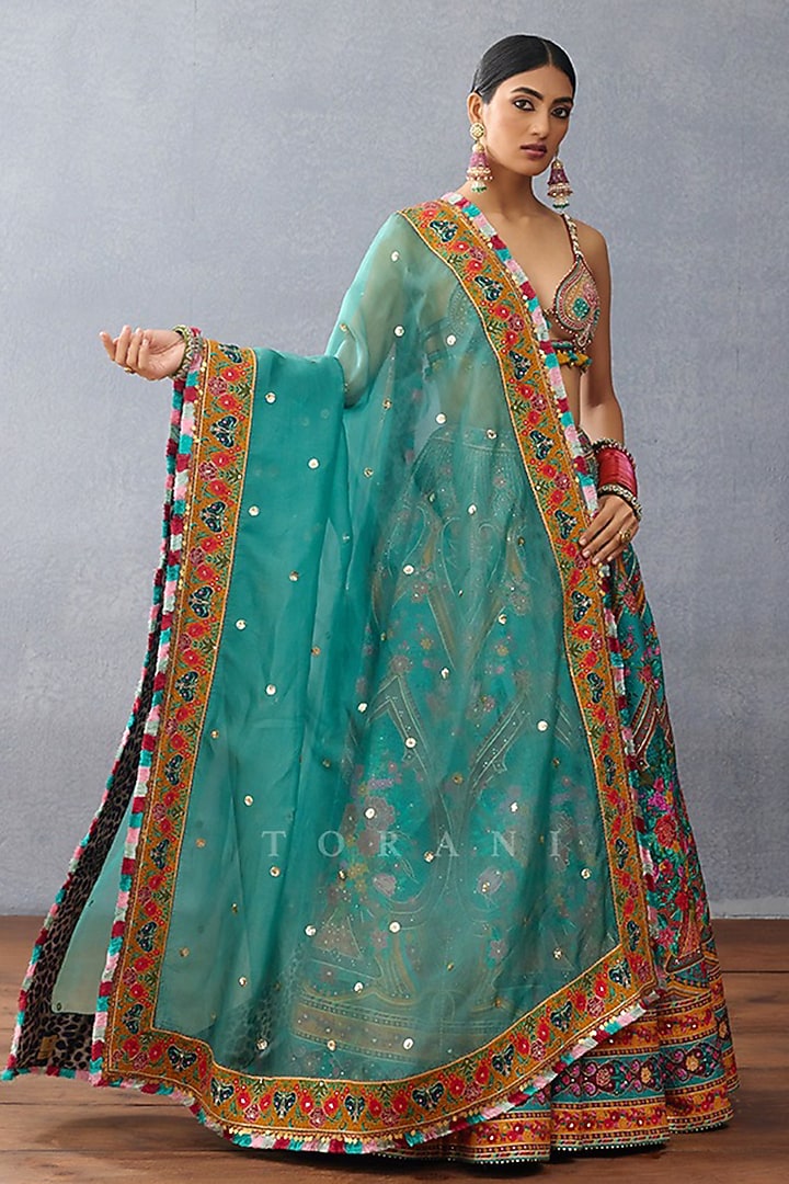 Aqua Blue Slub Silk Digital Printed Bridal Bridal Lehenga Set by TORANI at Pernia's Pop Up Shop